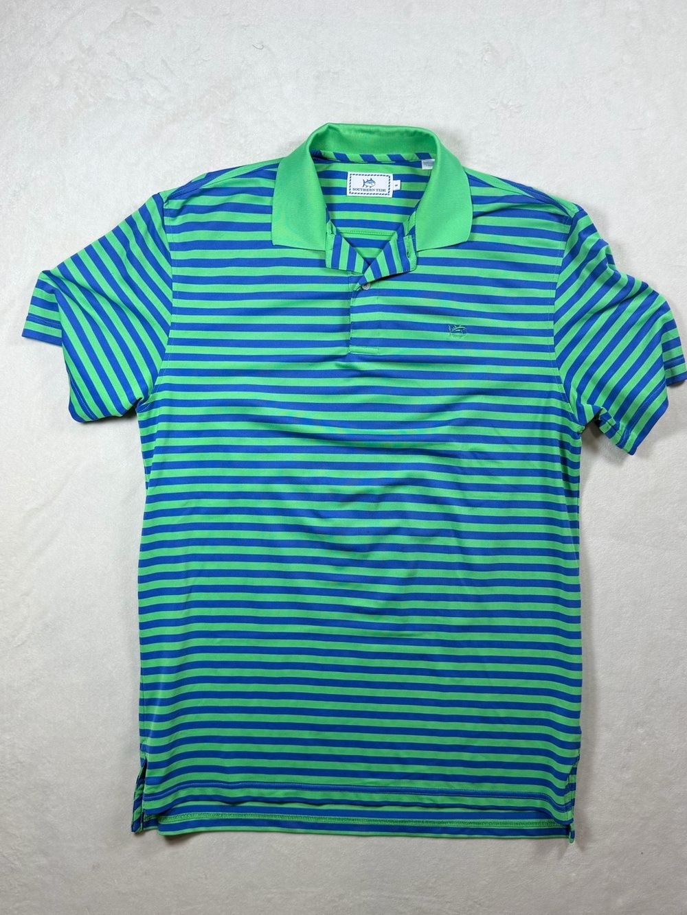 Southern Tide Size Medium Green and Blue Striped Performance Polo Shirt